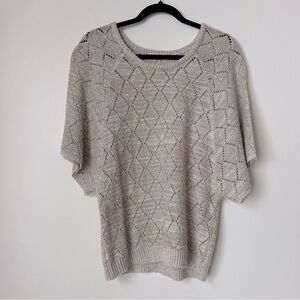 Lemon Tree Beige Raglan Short Sleeve Diamond Pointelle Knit Sweater, size M